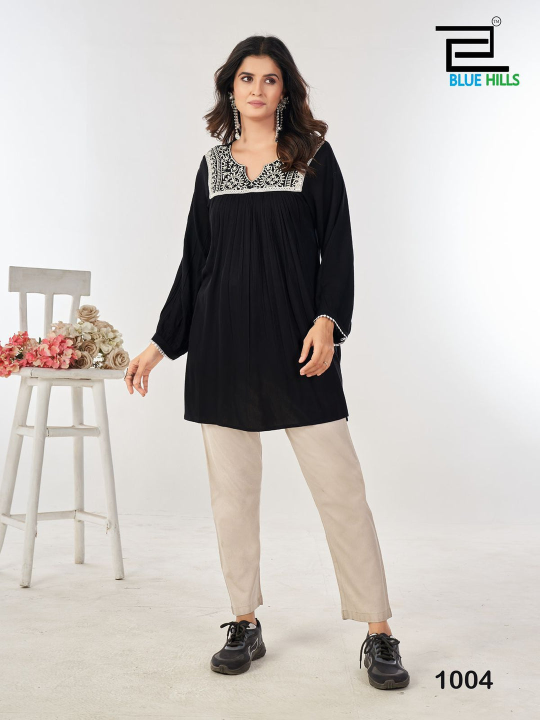 Kbs X Blue Hills Long Sleeves Stylish Tunic Embroidery On Neck