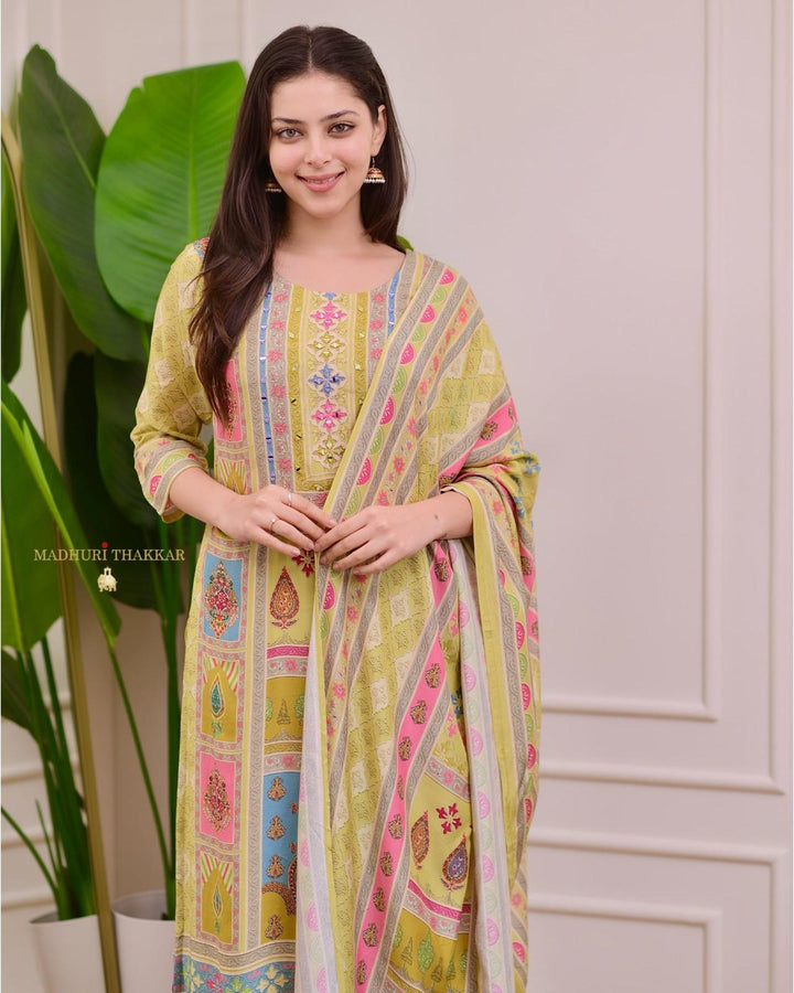 Exclusive Yellow Satin Kurti Pant With Dupatta