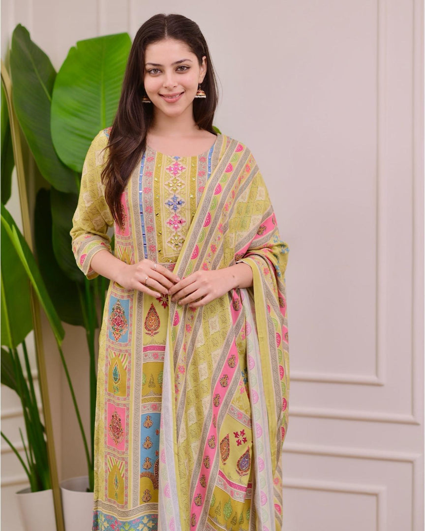 Exclusive Yellow Satin Kurti Pant With Dupatta