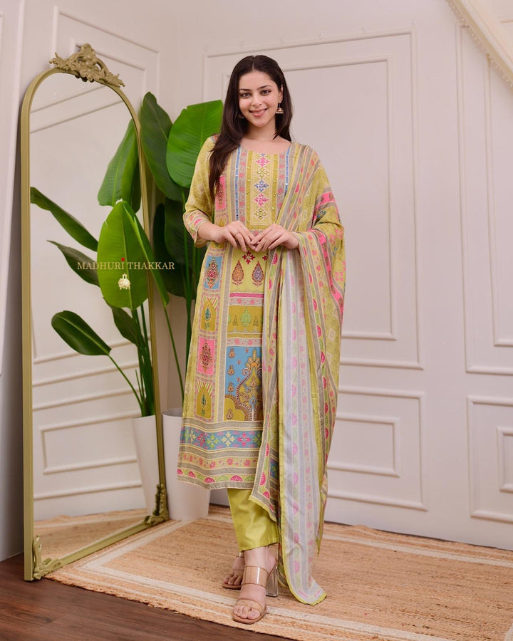 Exclusive Yellow Satin Kurti Pant With Dupatta