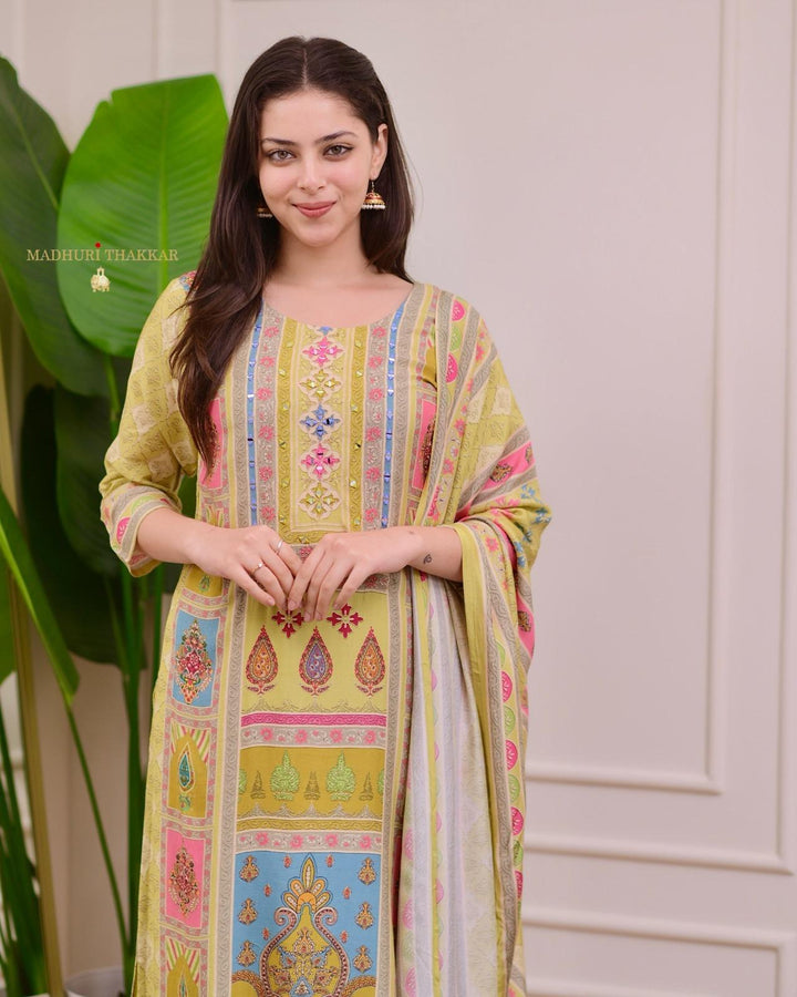 Exclusive Yellow Satin Kurti Pant With Dupatta