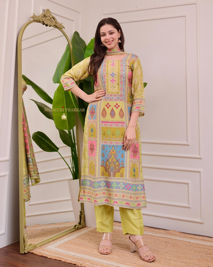 Exclusive Yellow Satin Kurti Pant With Dupatta