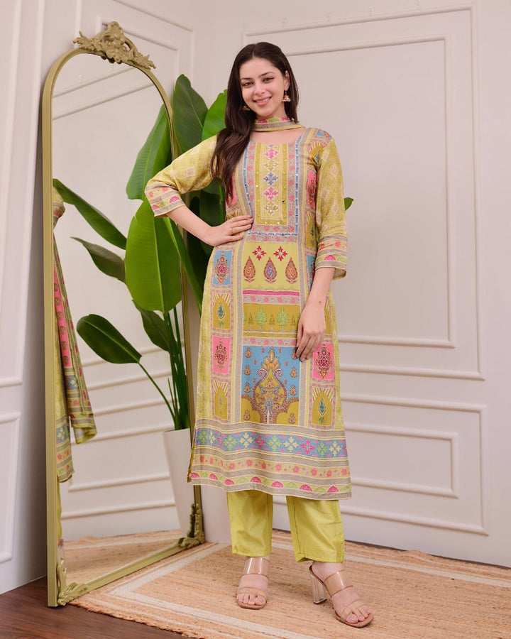 Exclusive Yellow Satin Kurti Pant With Dupatta