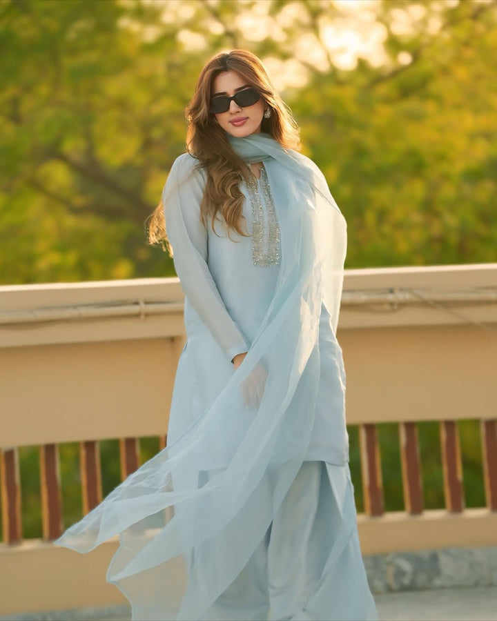 Designer Yellow  Faux Georgette Embroidered Suit Set
