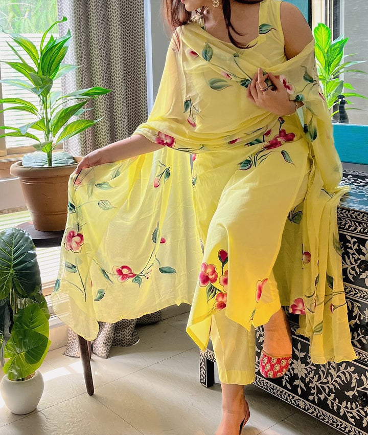 Exclusive Yellow Handpainted Straight Cut Suit Set