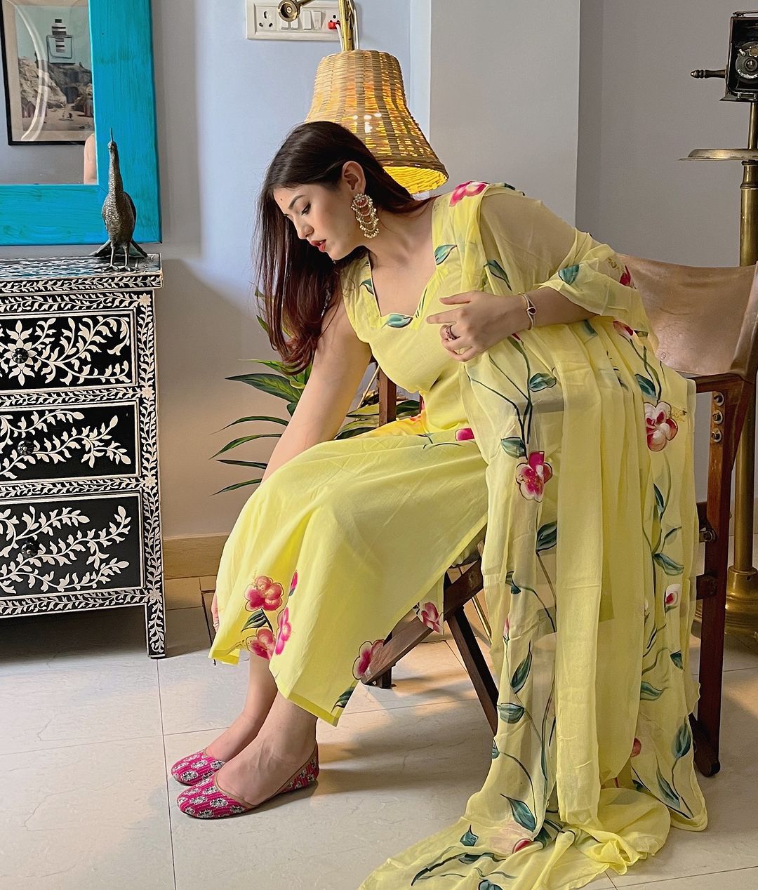Exclusive Yellow Handpainted Straight Cut Suit Set