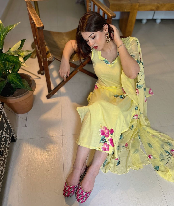 Exclusive Yellow Handpainted Straight Cut Suit Set
