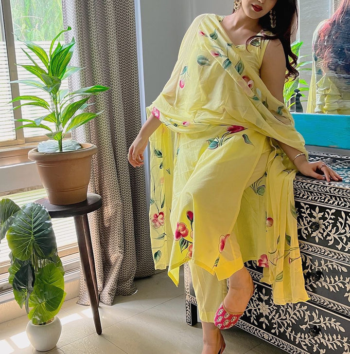 Exclusive Yellow Handpainted Straight Cut Suit Set