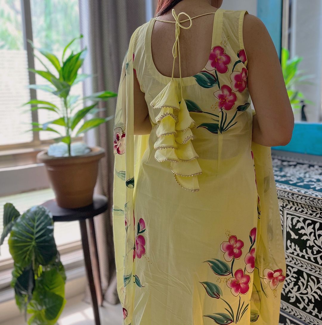 Exclusive Yellow Handpainted Straight Cut Suit Set