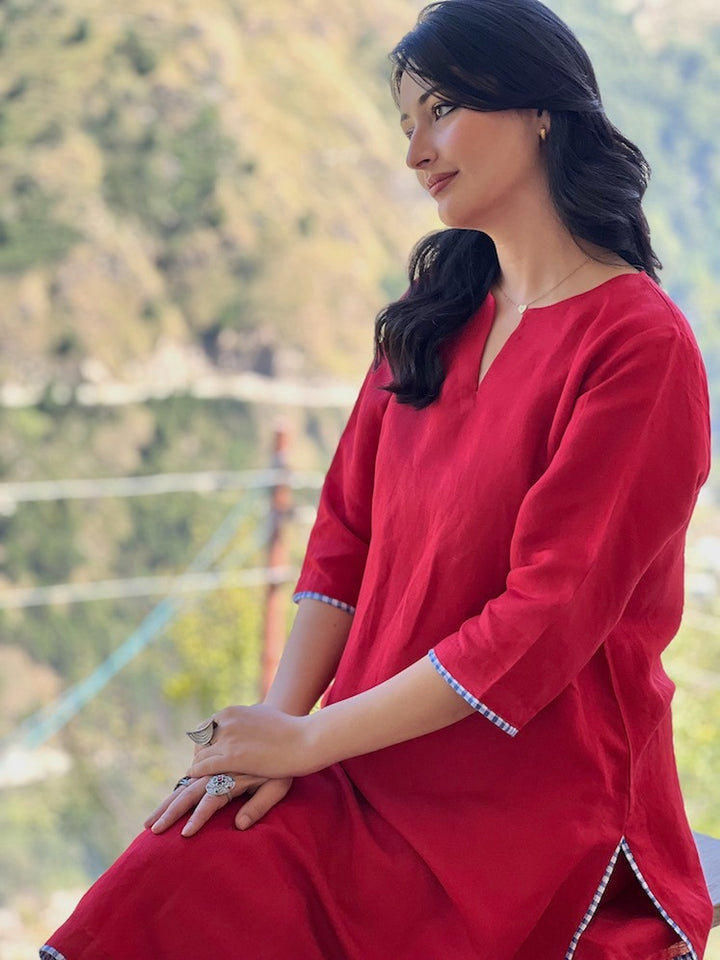 Classic Red Pure Cotton Co-Ord Kurti Set