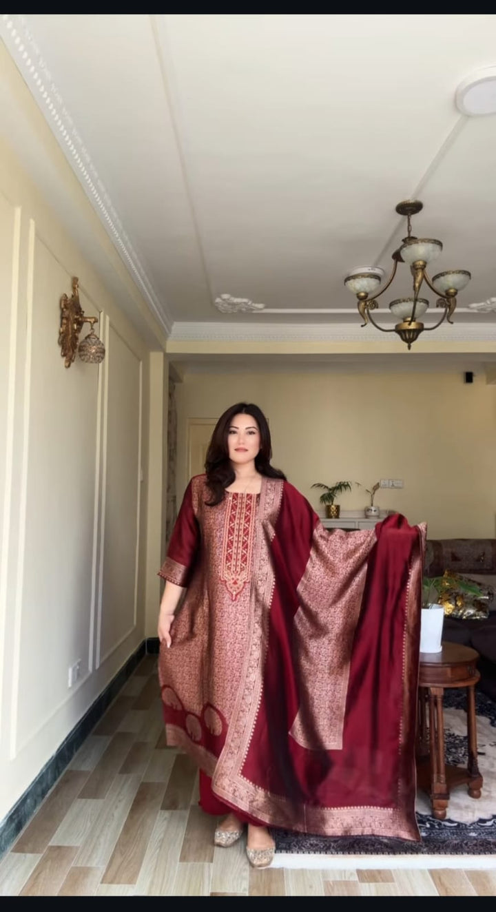 Maroon Pure Banarasi Suit Set