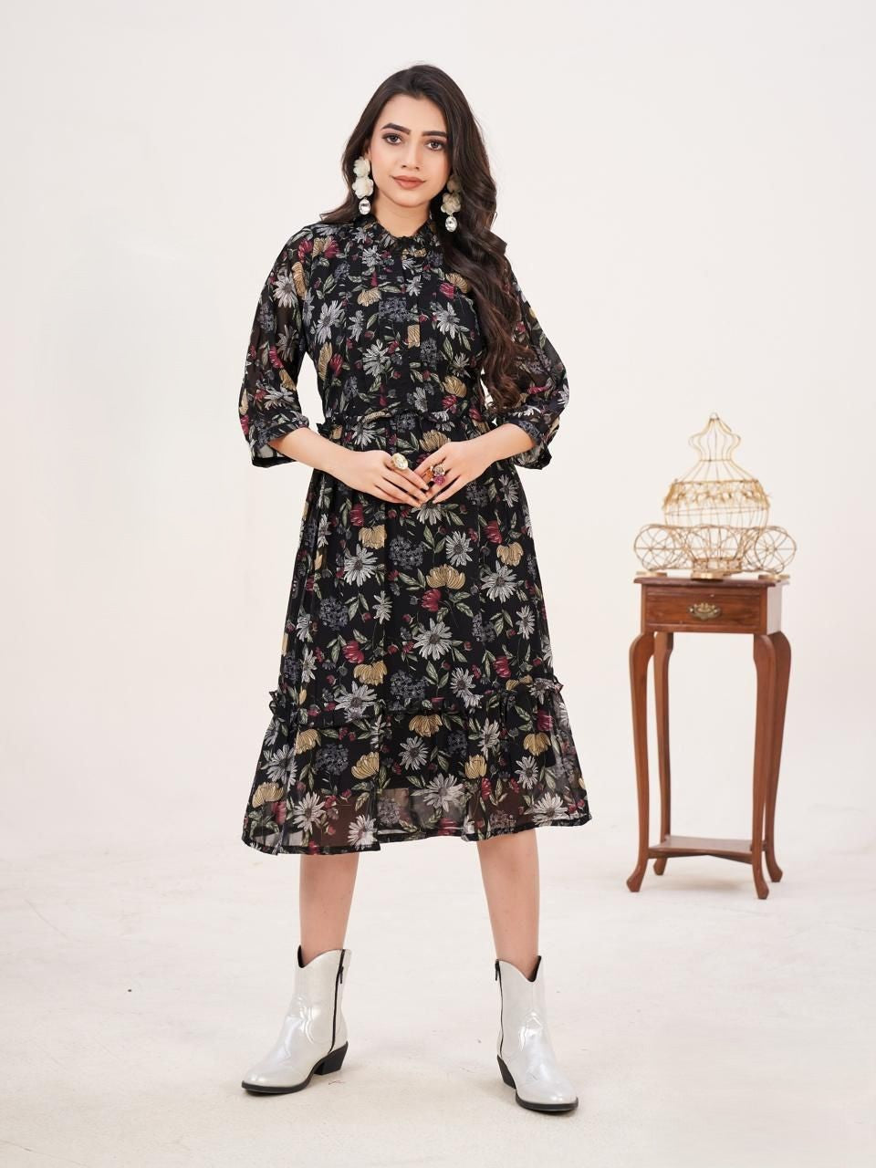 Heavy Georgette Printed Layered Midi Dress