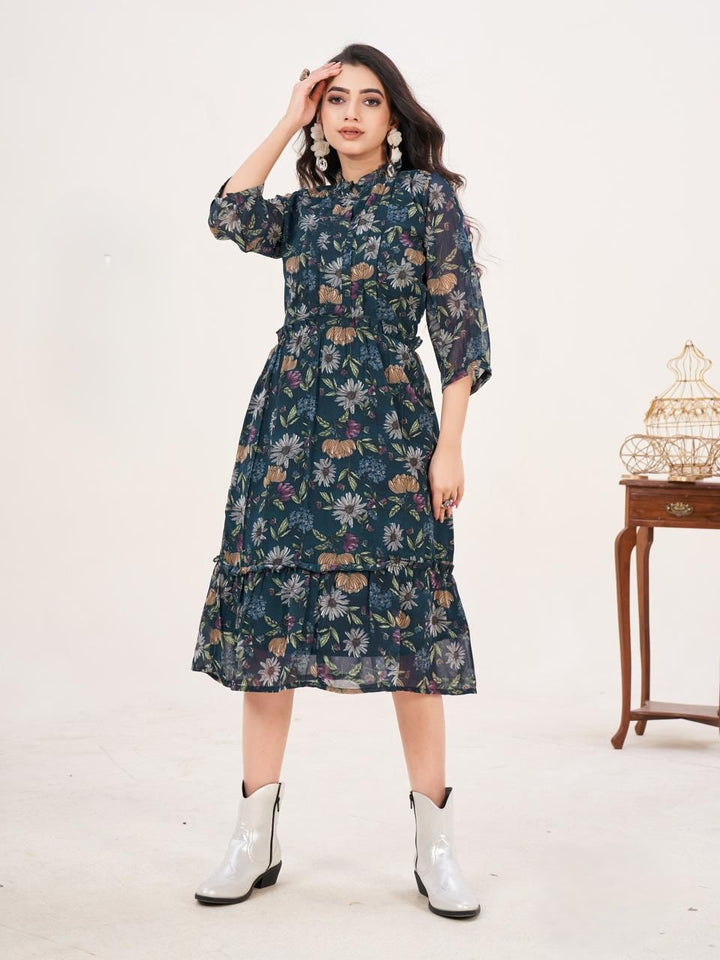 Heavy Georgette Printed Layered Midi Dress