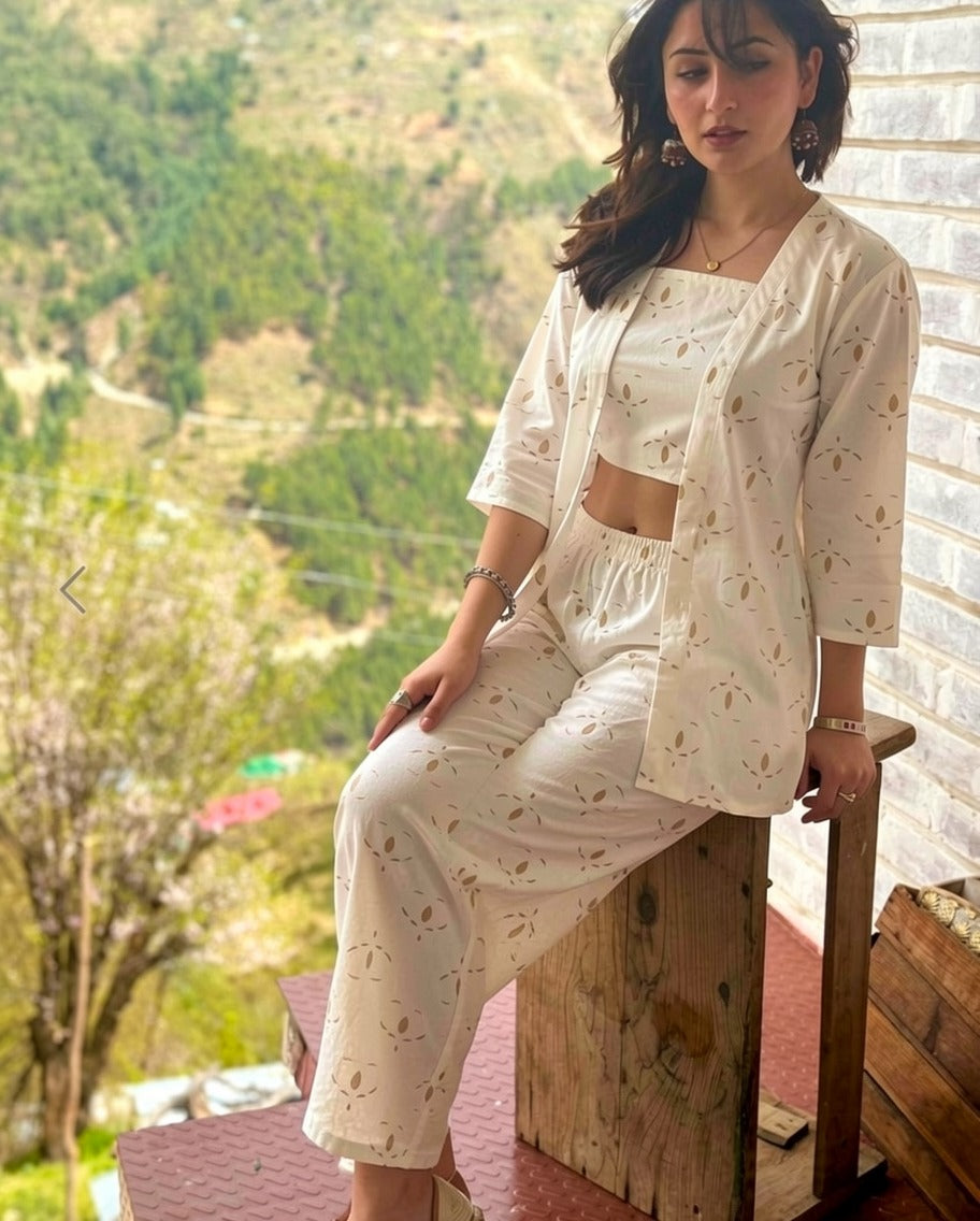 Ivory Foil Print 3-Piece Co-Ord Set with Cutwork Detail