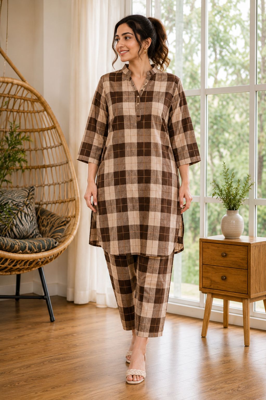 Mocha Check Cotton Co-Ord Set