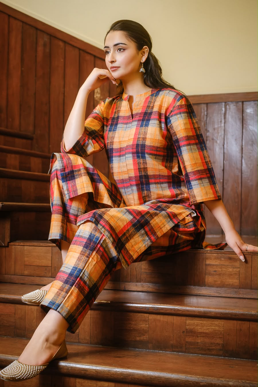 Mustard Chex Pure Cotton Checkered Co-Ord Set