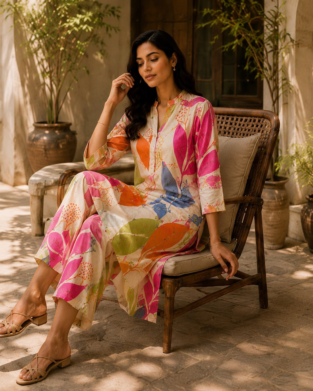 Elegant Floral Printed Roman Silk Kurta Pant Set for Women – Multicolor