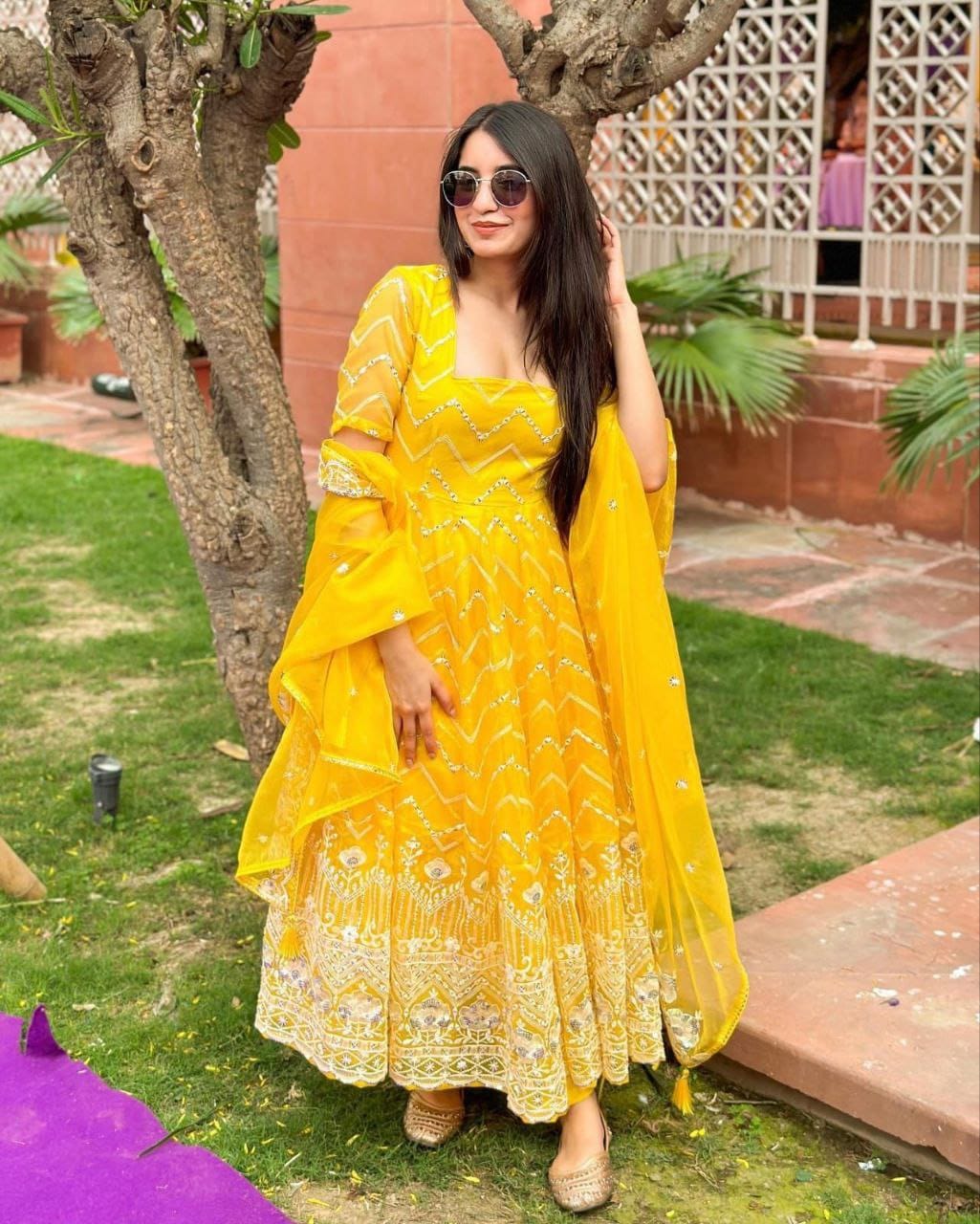 YELLOW DAZE SUIT WEDDING COLLECTION HALDI RECEPTION READYMADE GOWN WITH DUPPTA SET