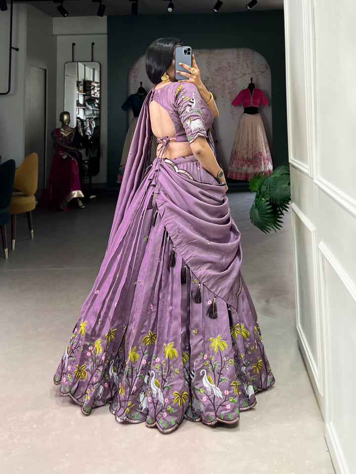 NEW TENDY LAVENDER COLOR VICHITRA SILK EMBROIDERED WORK LEHENGA CHOLI