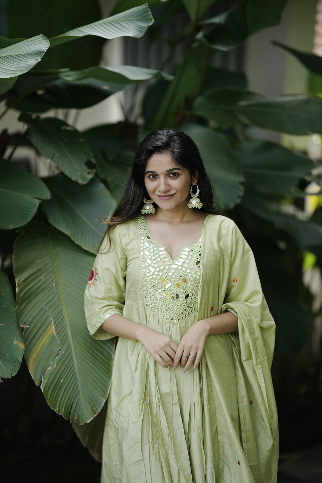 V-Neck Chanderi Silk Anarkali Kurta Set :3 piece suit(top,bottom&dupatta)