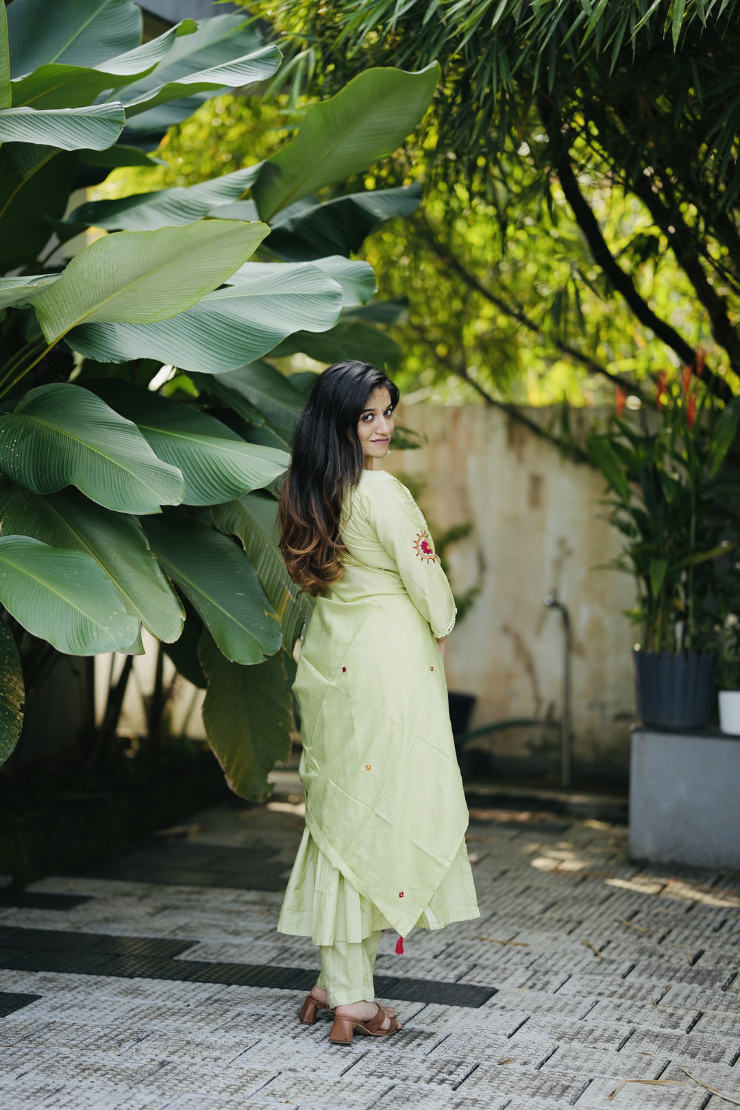 V-Neck Chanderi Silk Anarkali Kurta Set :3 piece suit(top,bottom&dupatta)