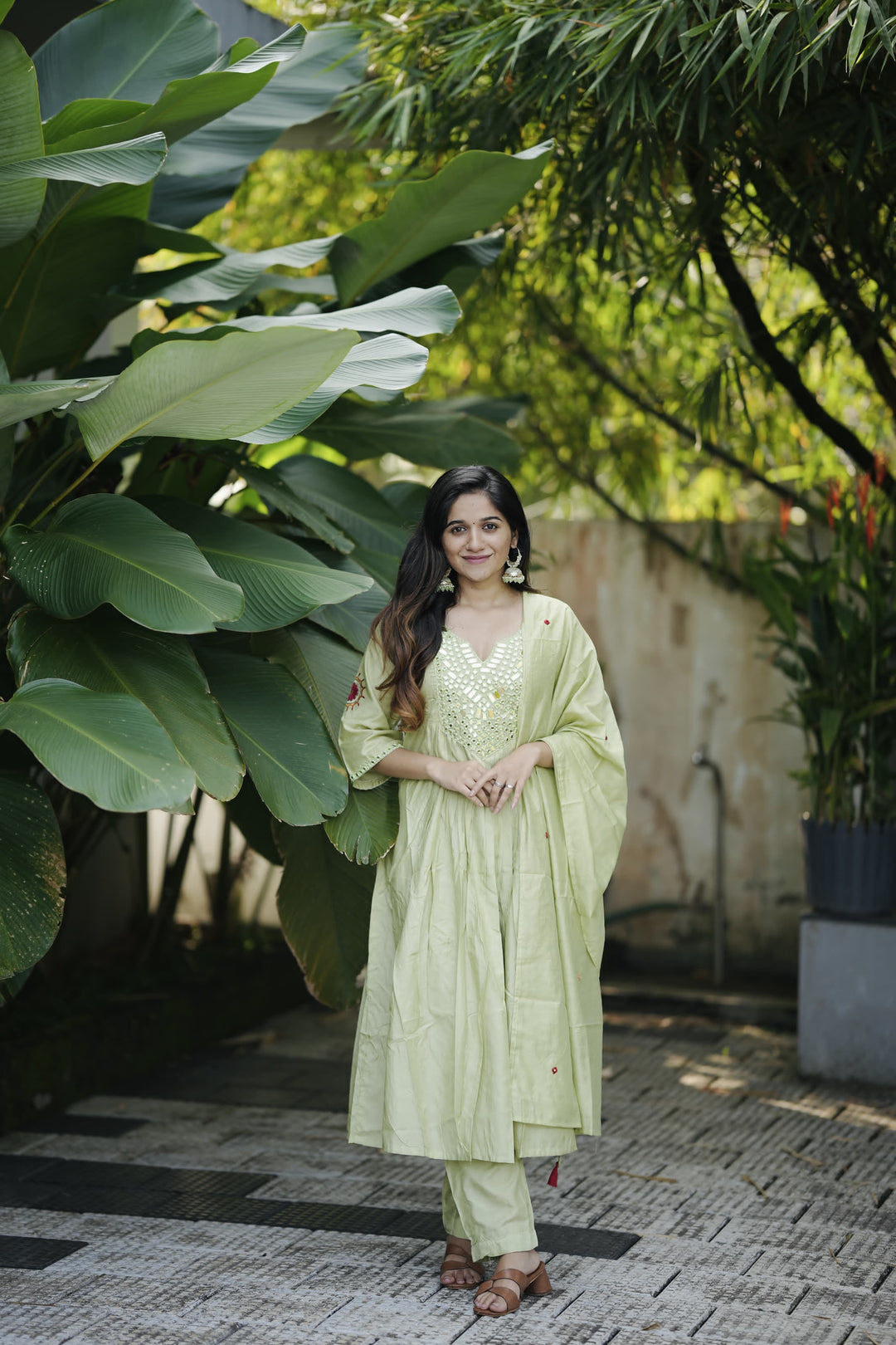 V-Neck Chanderi Silk Anarkali Kurta Set :3 piece suit(top,bottom&dupatta)