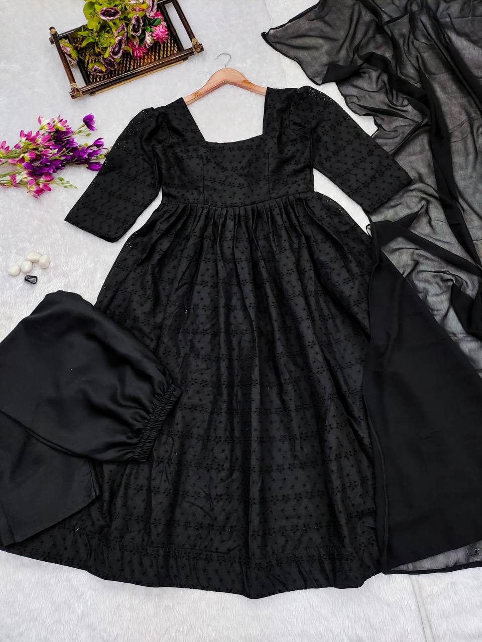 Hakoba Chikankari Black Anarkali Suit Sets :3 piece suit(top,bottom&dupatta)