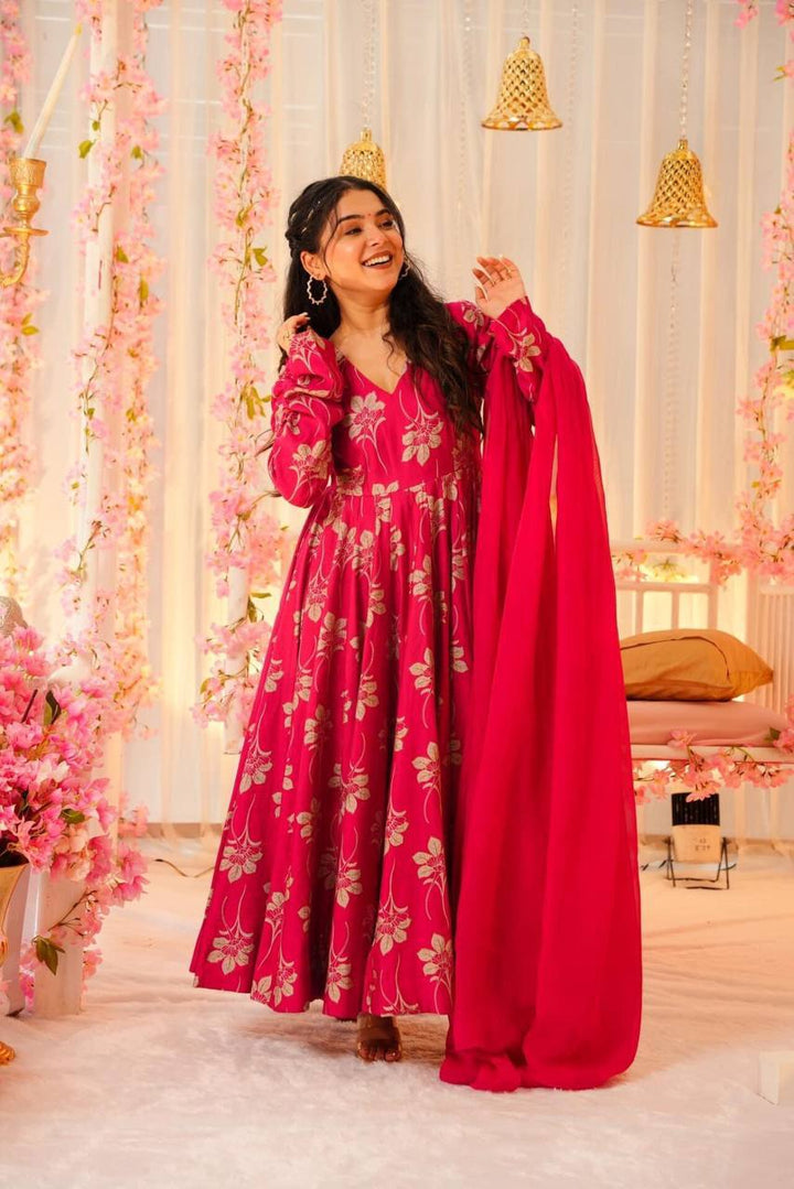 PINK CHINON SILK ANARKALI SUIT SET :3 piece suit(top,bottom&dupatta)
