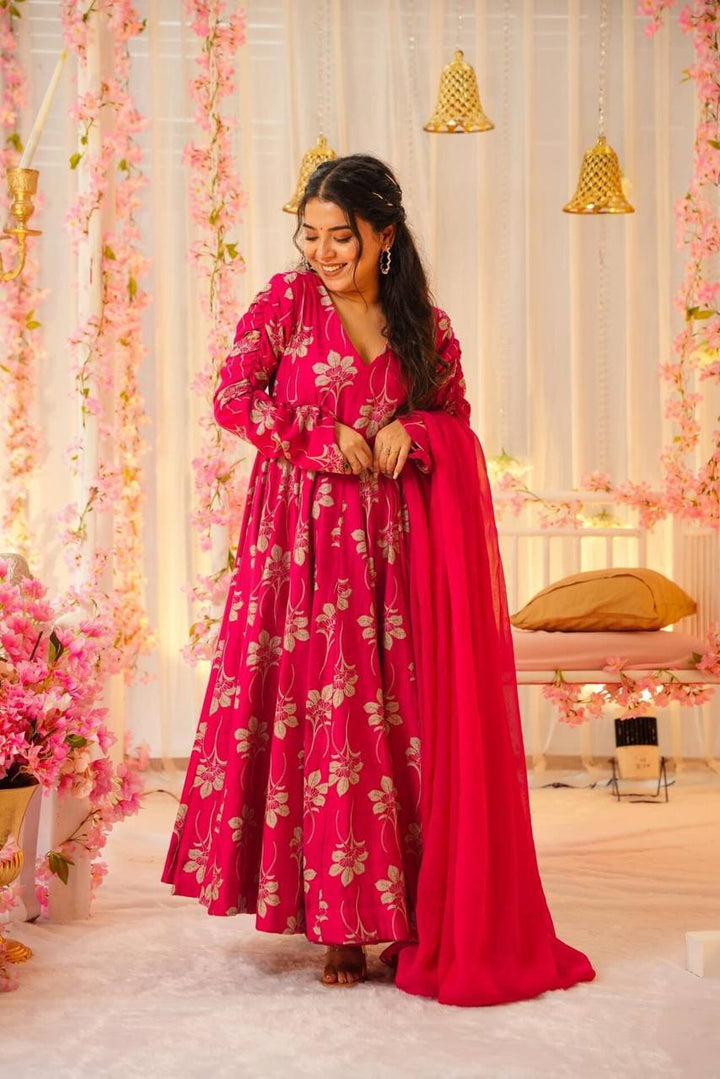 PINK CHINON SILK ANARKALI SUIT SET :3 piece suit(top,bottom&dupatta)