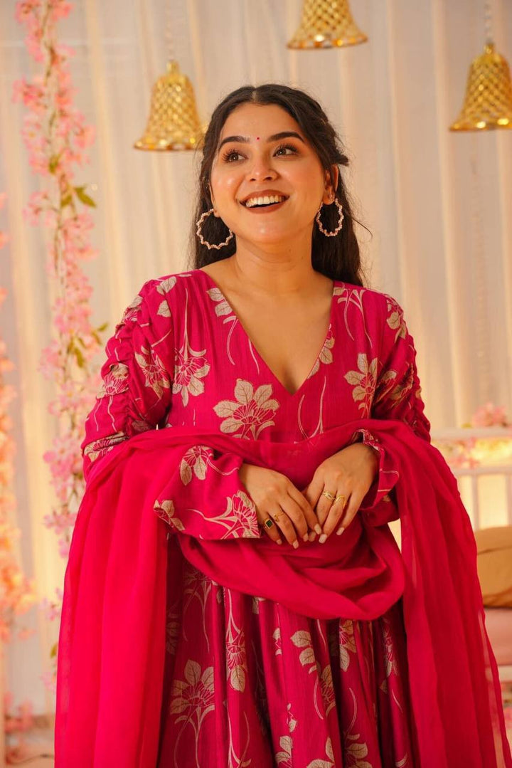 PINK CHINON SILK ANARKALI SUIT SET :3 piece suit(top,bottom&dupatta)