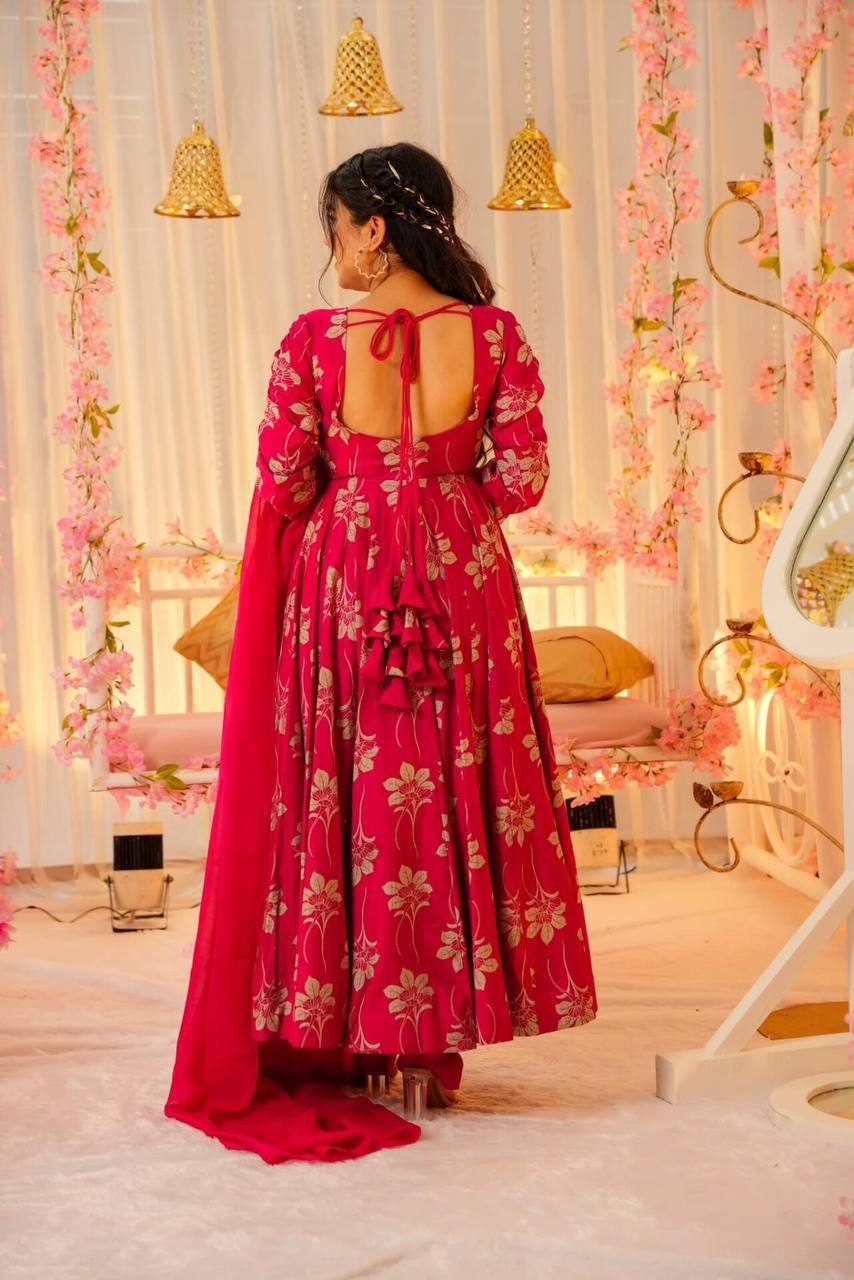 PINK CHINON SILK ANARKALI SUIT SET :3 piece suit(top,bottom&dupatta)