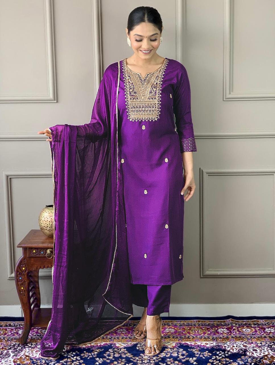 Women's Embroidery Work Kurta Set :3 piece suit(top,bottom&dupatta)