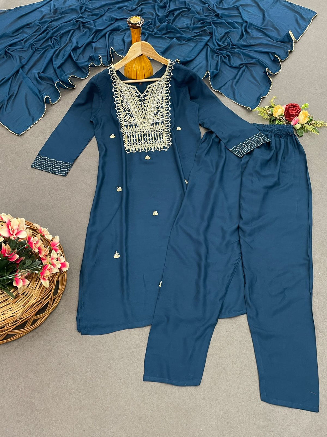 Women's Embroidery Work Kurta Set :3 piece suit(top,bottom&dupatta)