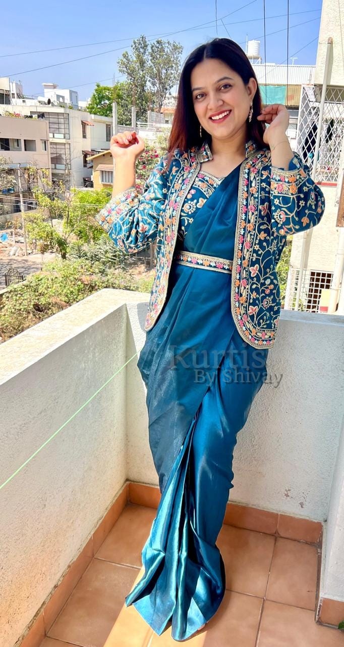 Ready-to-Wear Embroidered Saree Set with Stylish Koti & Waist Belt – Perfect for Festive Occasions