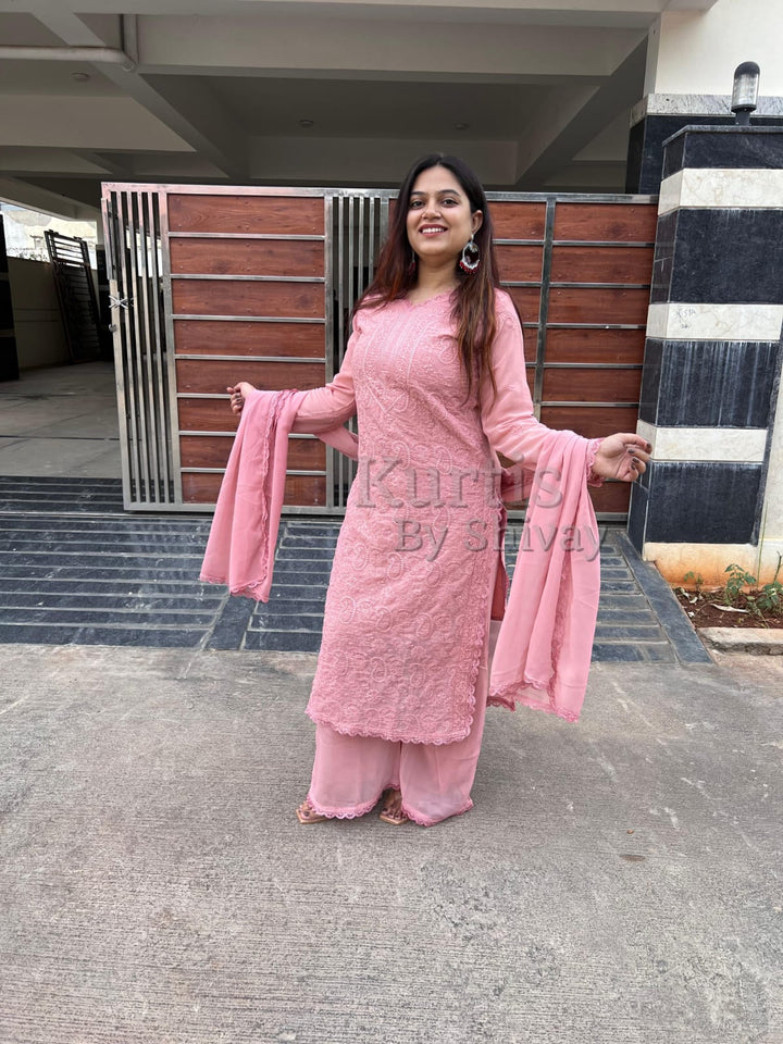 TRENDING FAUX GEORGETTE TOP PLAZO WITH DUPATTA :3 piece suit(top,bottom&dupatta)