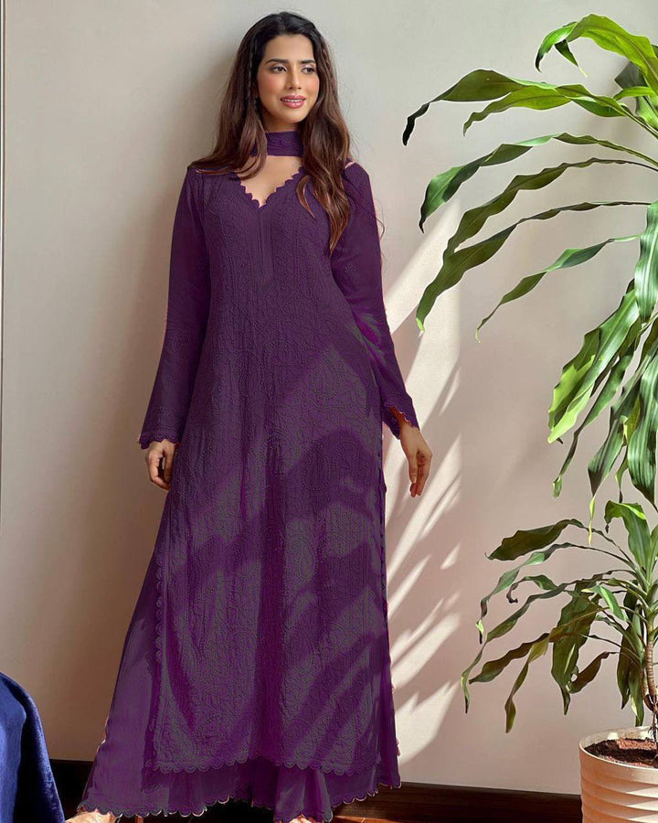 TRENDING FAUX GEORGETTE TOP PLAZO WITH DUPATTA :3 piece suit(top,bottom&dupatta)
