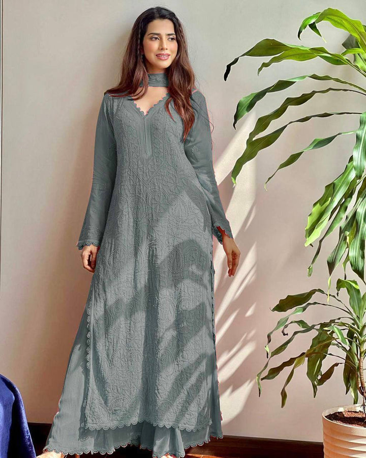 TRENDING FAUX GEORGETTE TOP PLAZO WITH DUPATTA :3 piece suit(top,bottom&dupatta)