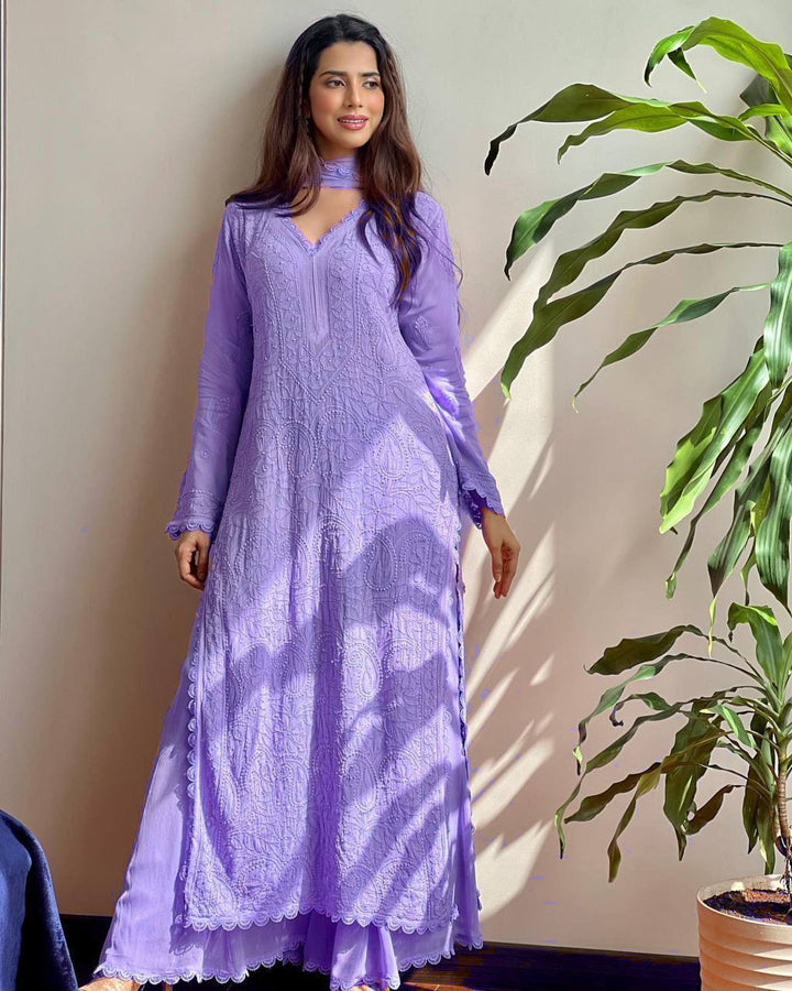 TRENDING FAUX GEORGETTE TOP PLAZO WITH DUPATTA :3 piece suit(top,bottom&dupatta)