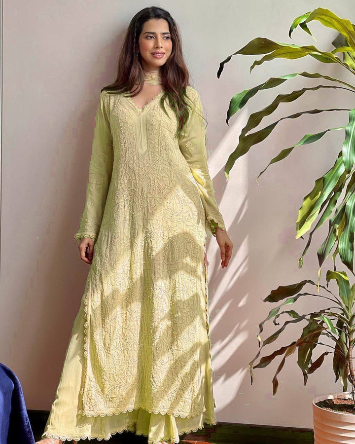 TRENDING FAUX GEORGETTE TOP PLAZO WITH DUPATTA :3 piece suit(top,bottom&dupatta)