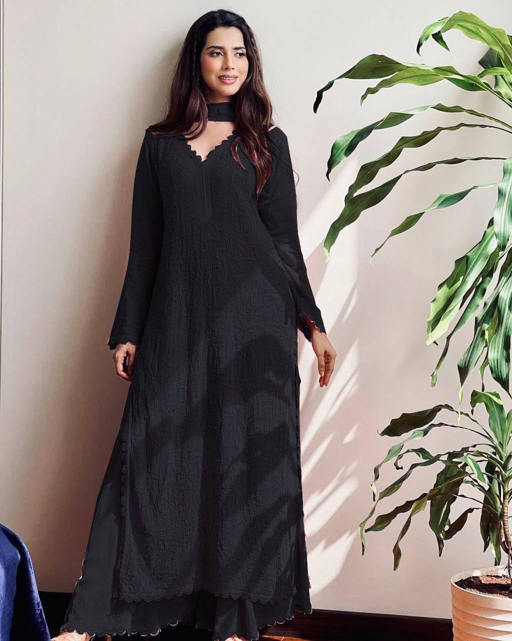 TRENDING FAUX GEORGETTE TOP PLAZO WITH DUPATTA :3 piece suit(top,bottom&dupatta)