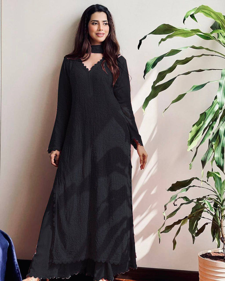TRENDING FAUX GEORGETTE TOP PLAZO WITH DUPATTA :3 piece suit(top,bottom&dupatta)