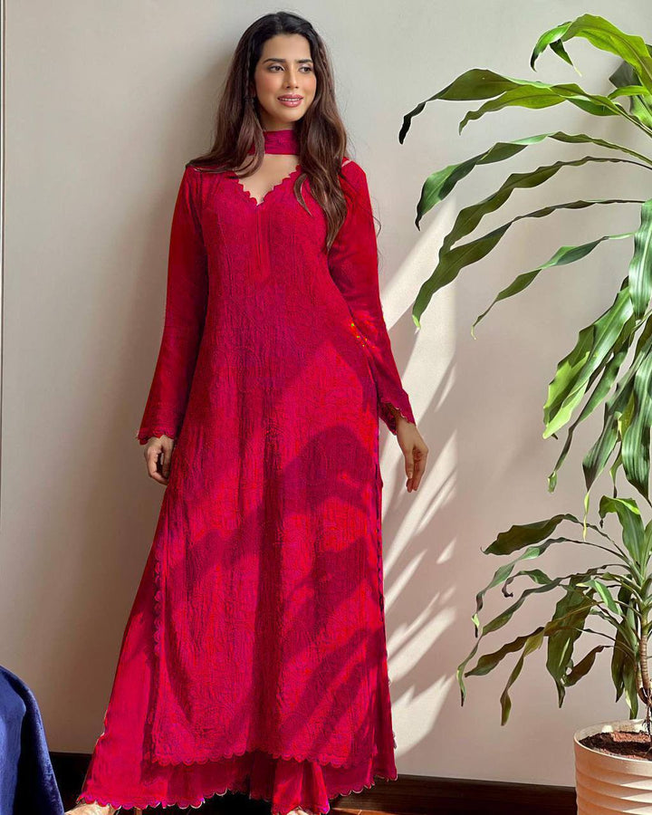 TRENDING FAUX GEORGETTE TOP PLAZO WITH DUPATTA :3 piece suit(top,bottom&dupatta)