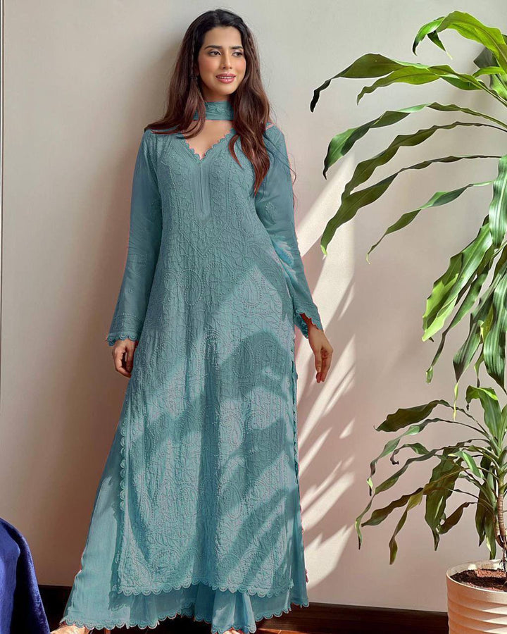 TRENDING FAUX GEORGETTE TOP PLAZO WITH DUPATTA :3 piece suit(top,bottom&dupatta)