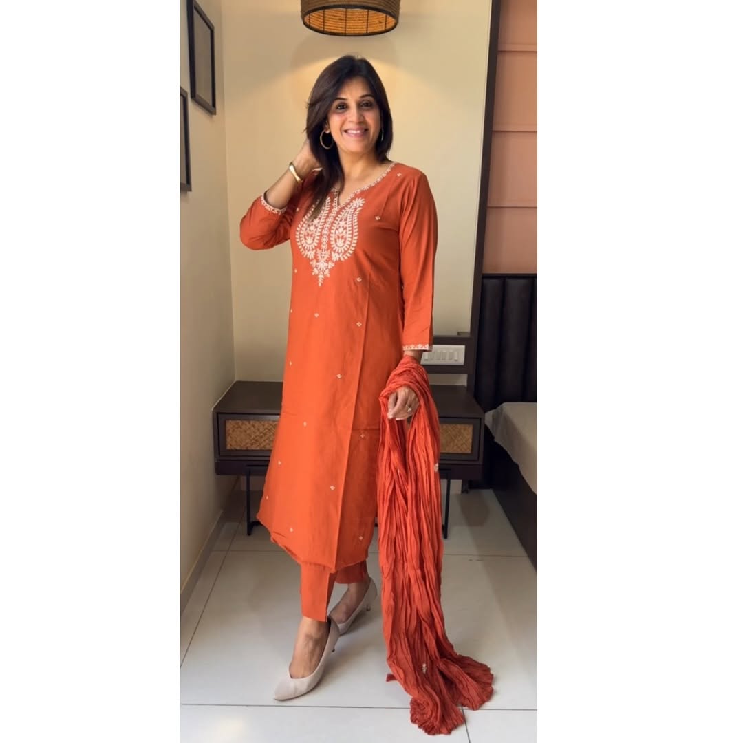 Summer Perfect Cotton Chikankari Embroidery Set :3 piece suit(top,bottom&dupatta)
