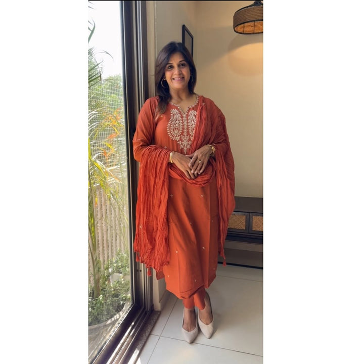 Summer Perfect Cotton Chikankari Embroidery Set :3 piece suit(top,bottom&dupatta)