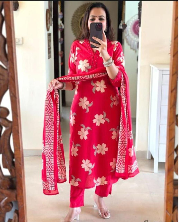 Cotton–Double Layer Anarkali Kurti Set with Malmal Dupatta :3 piece suit(top,bottom&dupatta)