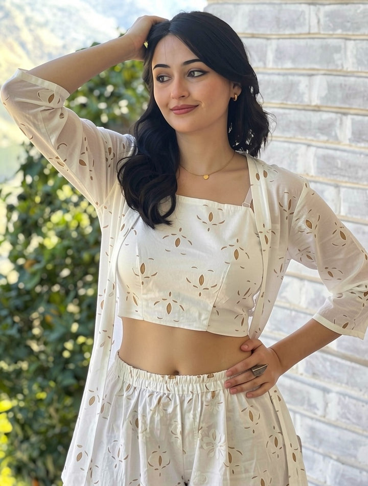 Ivory Foil Print 3-Piece Co-Ord Set with Cutwork Detail
