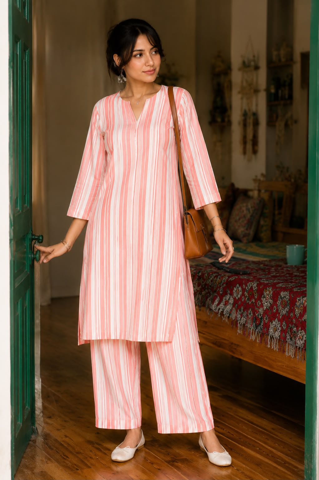 Peach Striped Pure Co-Ord Set for Women