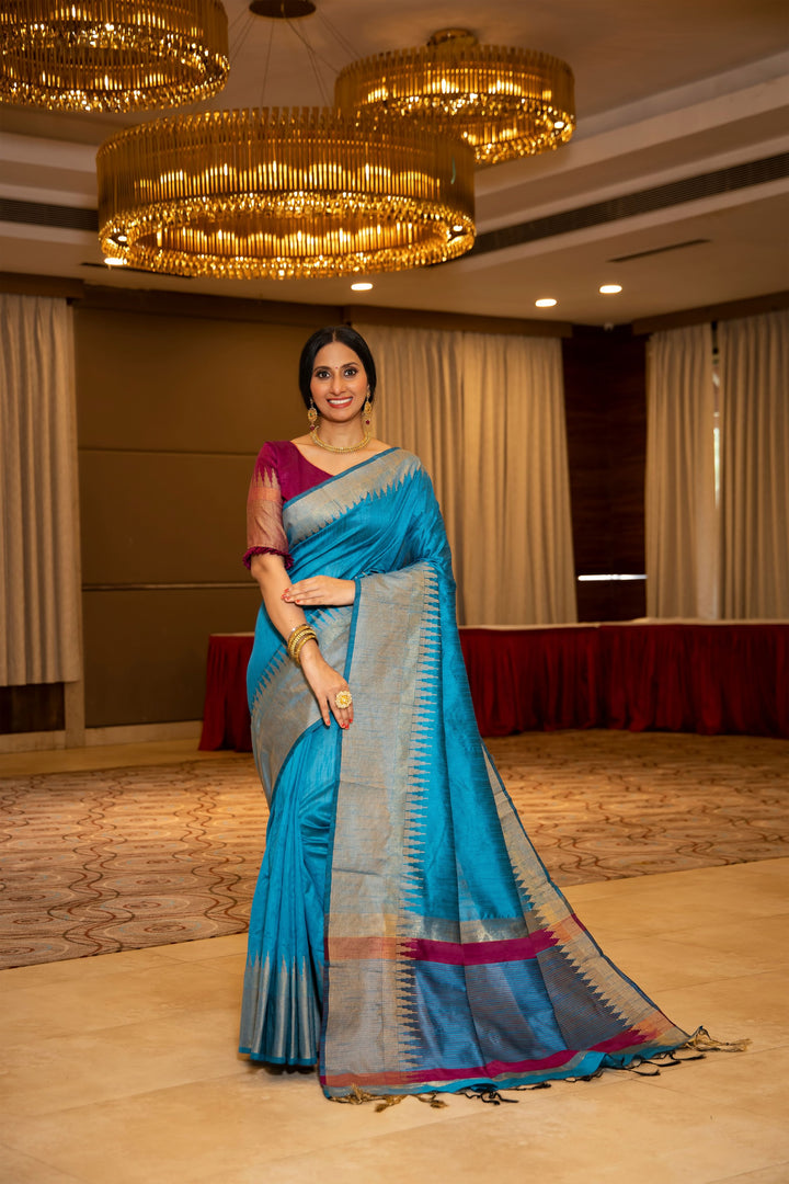 RAW SILK TEMPLE WOVEN BORDERED SAREE WITH CONTRAST PALLU