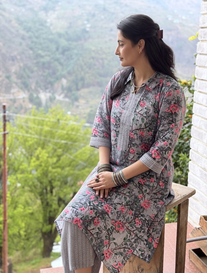Grey Floral Cotton Co-Ord Set